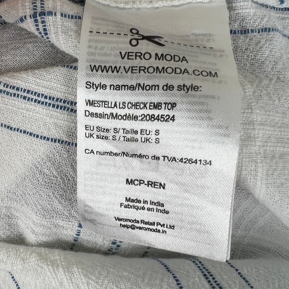 VERO MODA White & Blue Estella Long Sleeve Check Embroidered Top Popover S - Picture 7 of 7